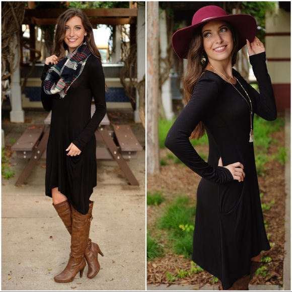 ✨LAST ONE✨Black Long Sleeve Asym. Dress w/Pockets - Picture 5 of 5